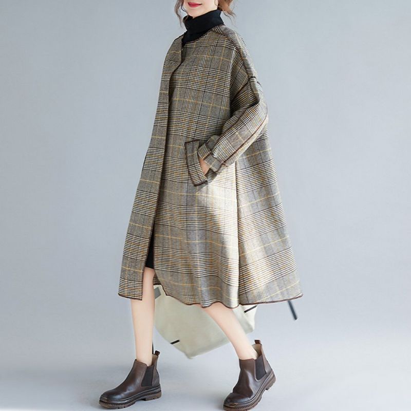 Plus Size Plaid Turn Down Collar Windbreaker Coat