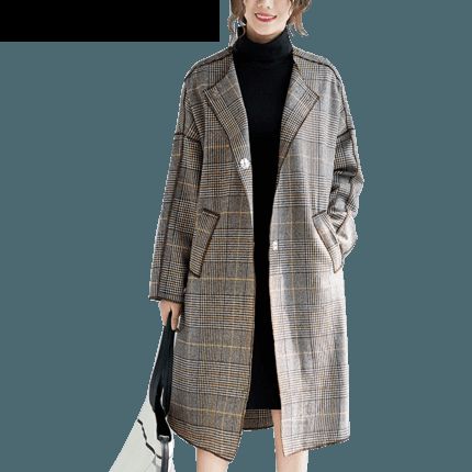 Plus Size Plaid Turn Down Collar Windbreaker Coat