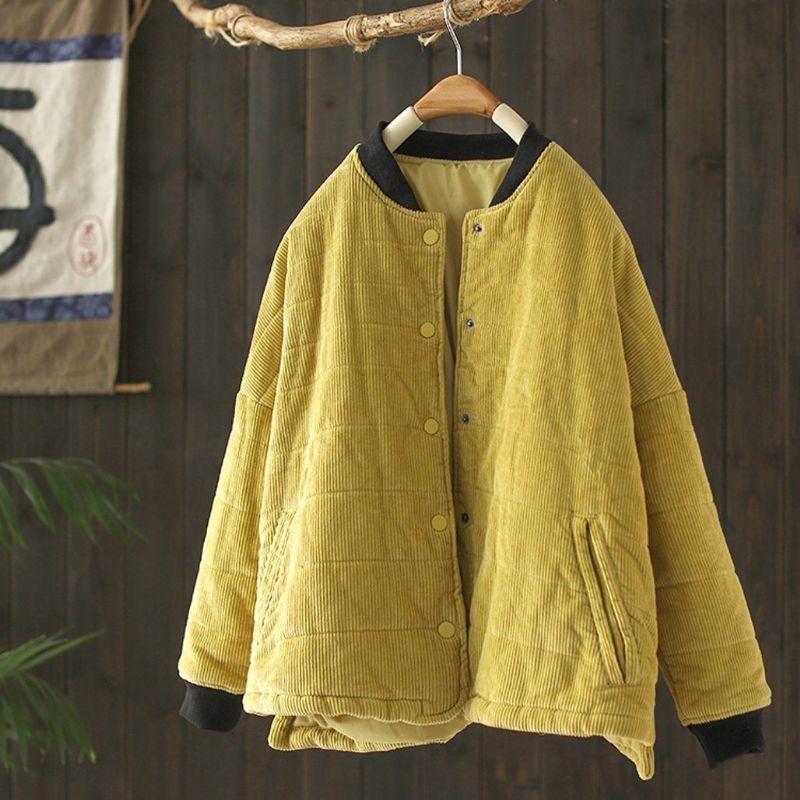 Retro Corduroy Quiltet Jakke Autumn Winter Casual Coat