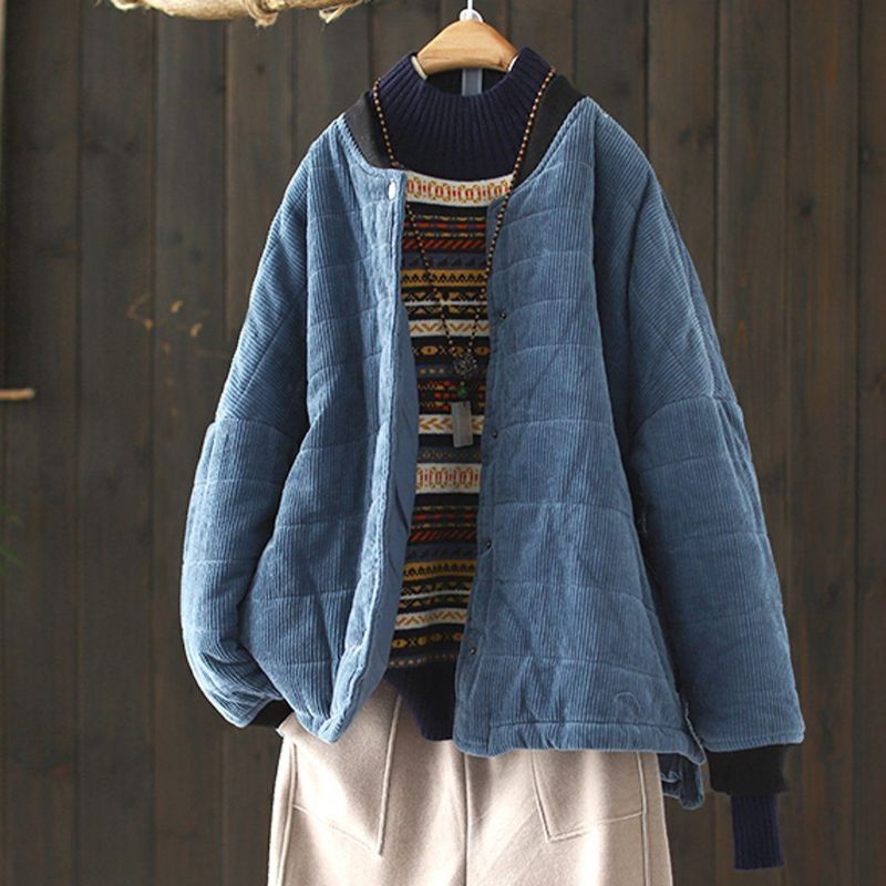 Retro Corduroy Quiltet Jakke Autumn Winter Casual Coat