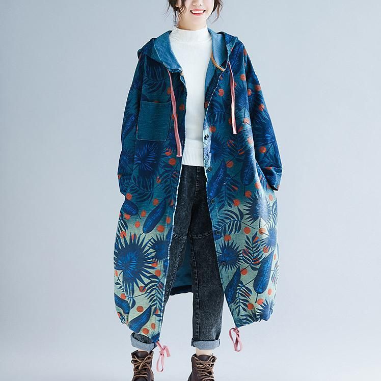 Retro Long Section Printing Løs Hooded Denim Windbreaker Coat