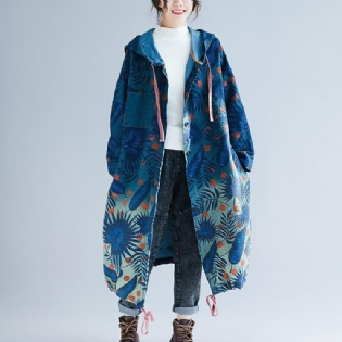 Retro Long Section Printing Løs Hooded Denim Windbreaker Coat