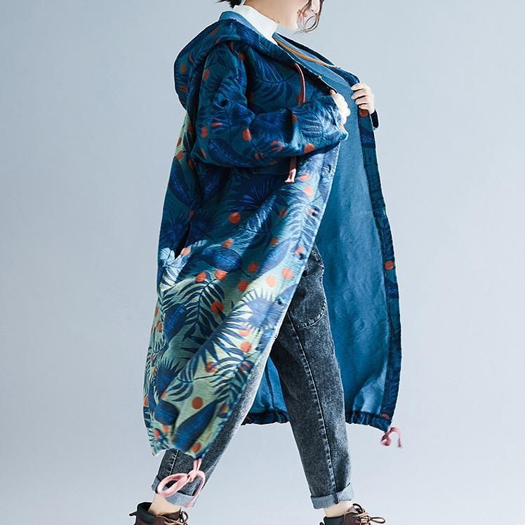 Retro Long Section Printing Løs Hooded Denim Windbreaker Coat