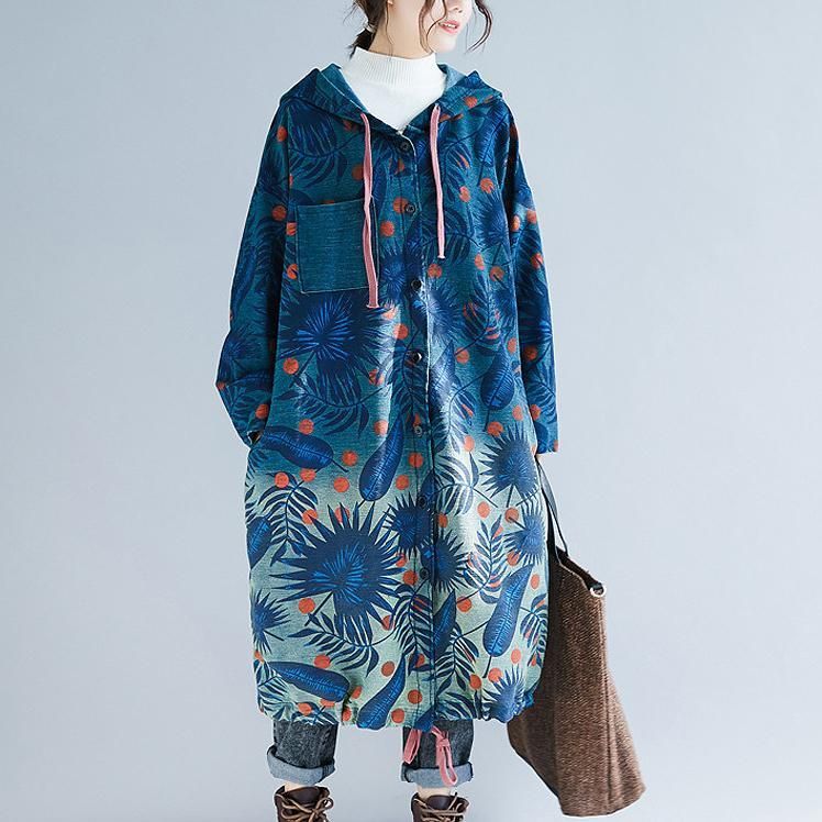 Retro Long Section Printing Løs Hooded Denim Windbreaker Coat