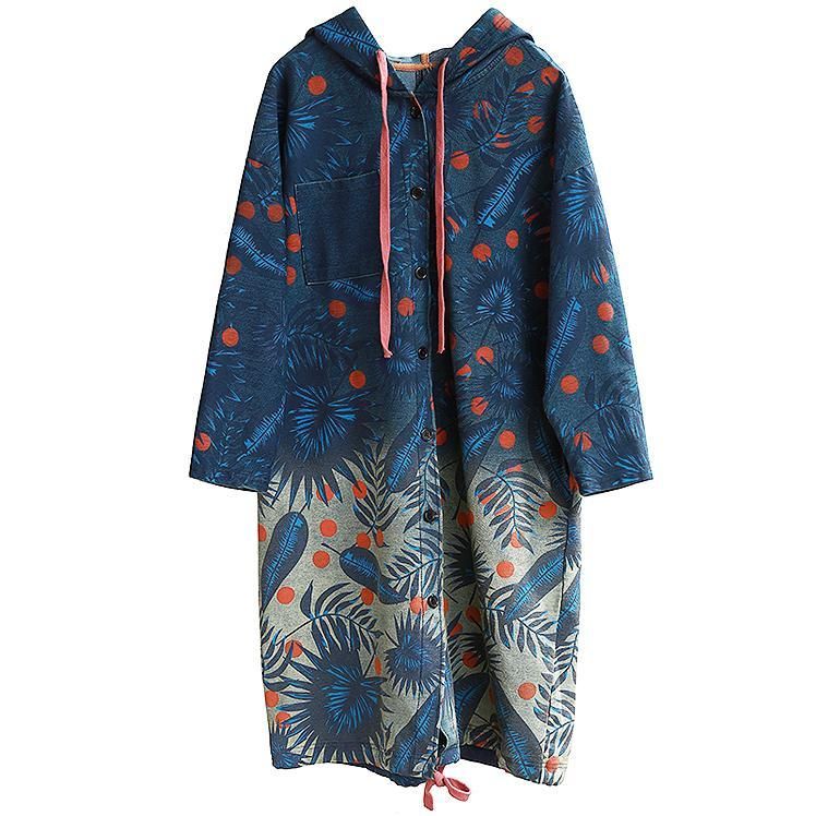 Retro Long Section Printing Løs Hooded Denim Windbreaker Coat