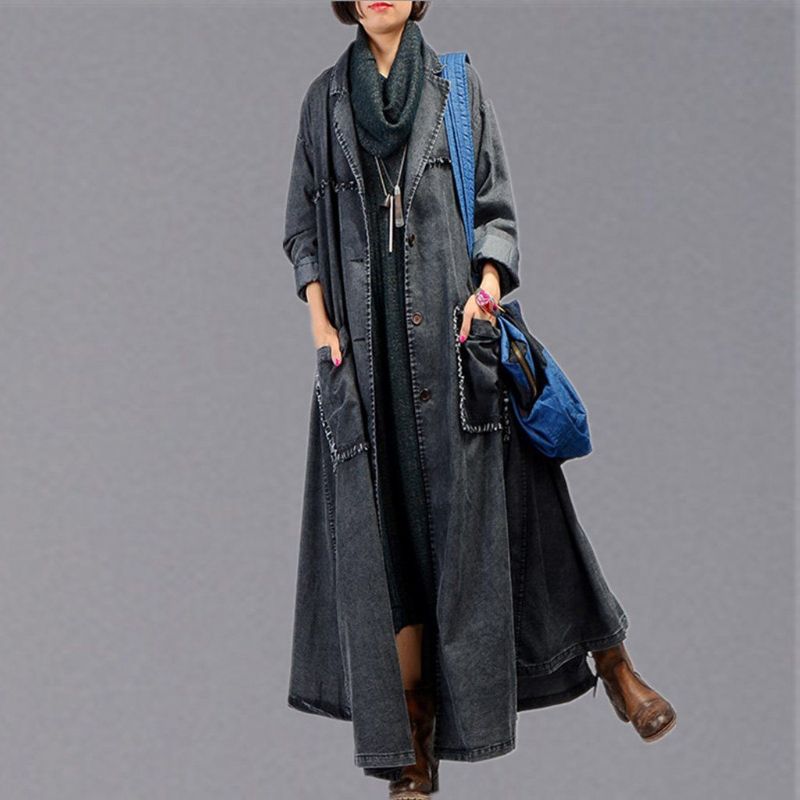 Uregelmæssig Denim Lang Trench Coat