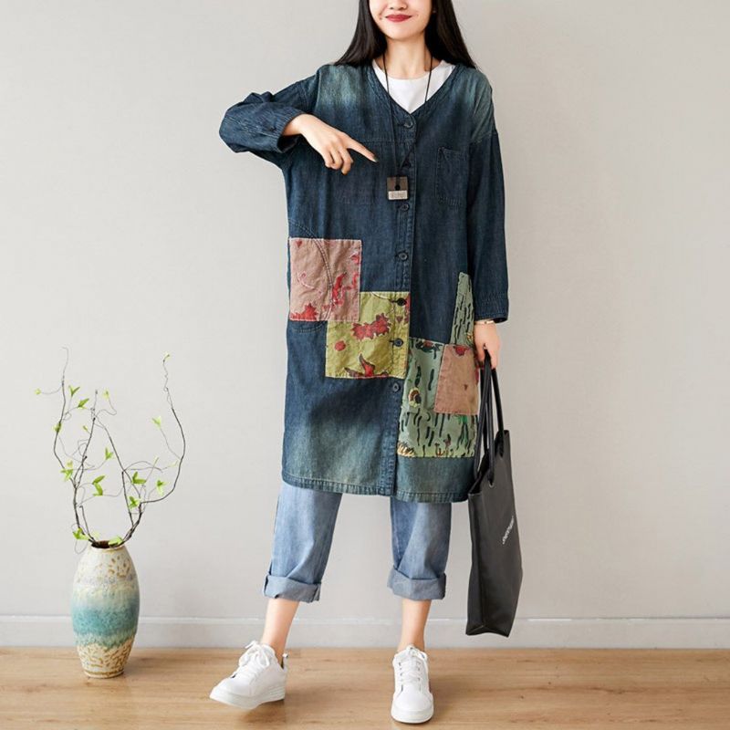 V-hals Løs Casual Patchwork Efterårs Tynd Frakke