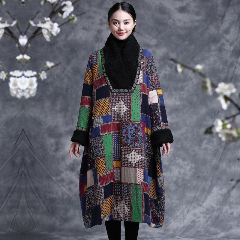 Vinter Etnisk Flower Thickening Plus Size Cotton Coat