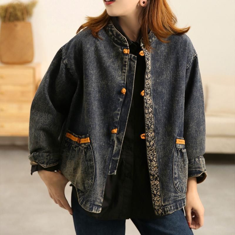 Vinter Forår Retro Floral Bomuld Denim Coat