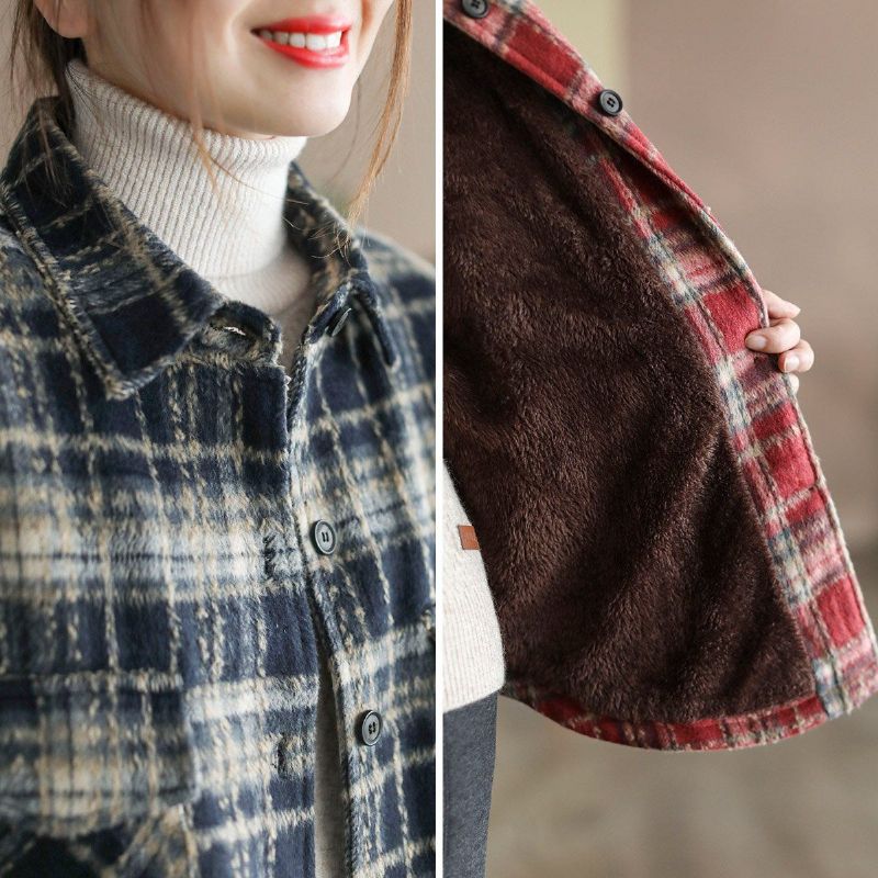 Vinter Retro Kunstpels Plaid Uldfrakke