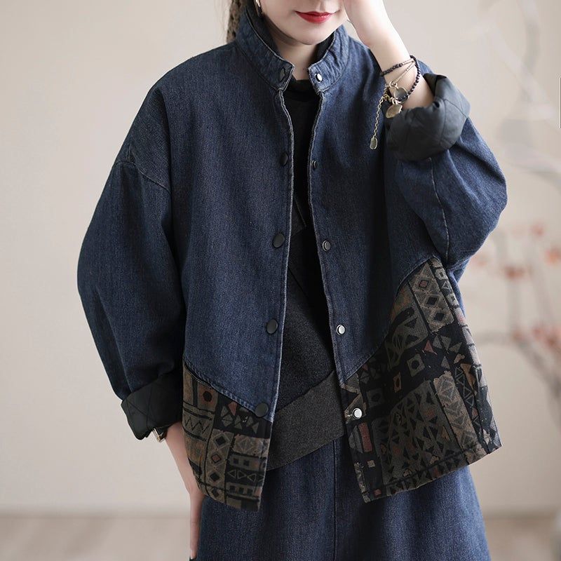 Vinter Retro Løs Tyk Splejsning Quiltet Denim Coat