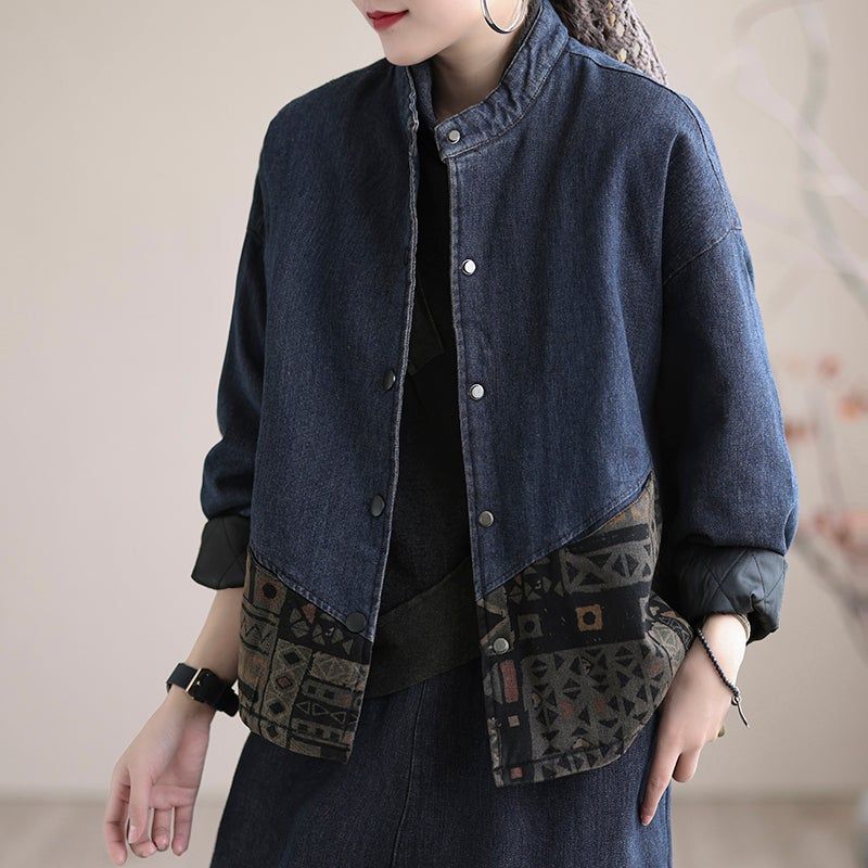 Vinter Retro Løs Tyk Splejsning Quiltet Denim Coat