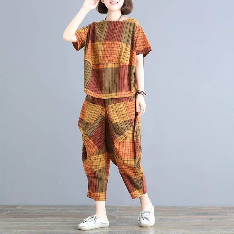 Casual Løs Plaid Ruched Wide Ben Set