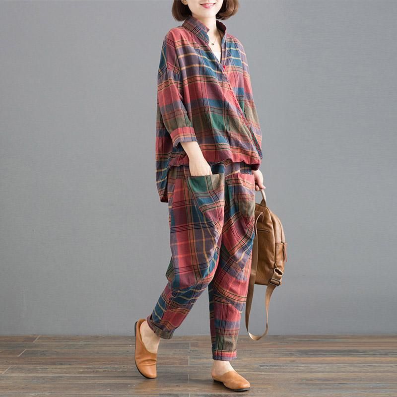 Spring Loose Casual Plaid Todelt Sæt