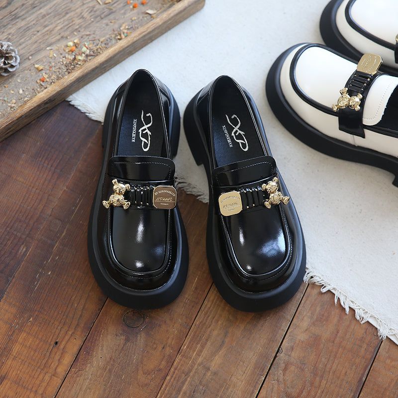 Forår Sommer Retro Koskind Rundt Hoved Fashion Bear Loafers