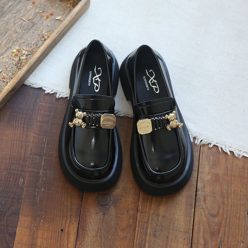 Forår Sommer Retro Koskind Rundt Hoved Fashion Bear Loafers