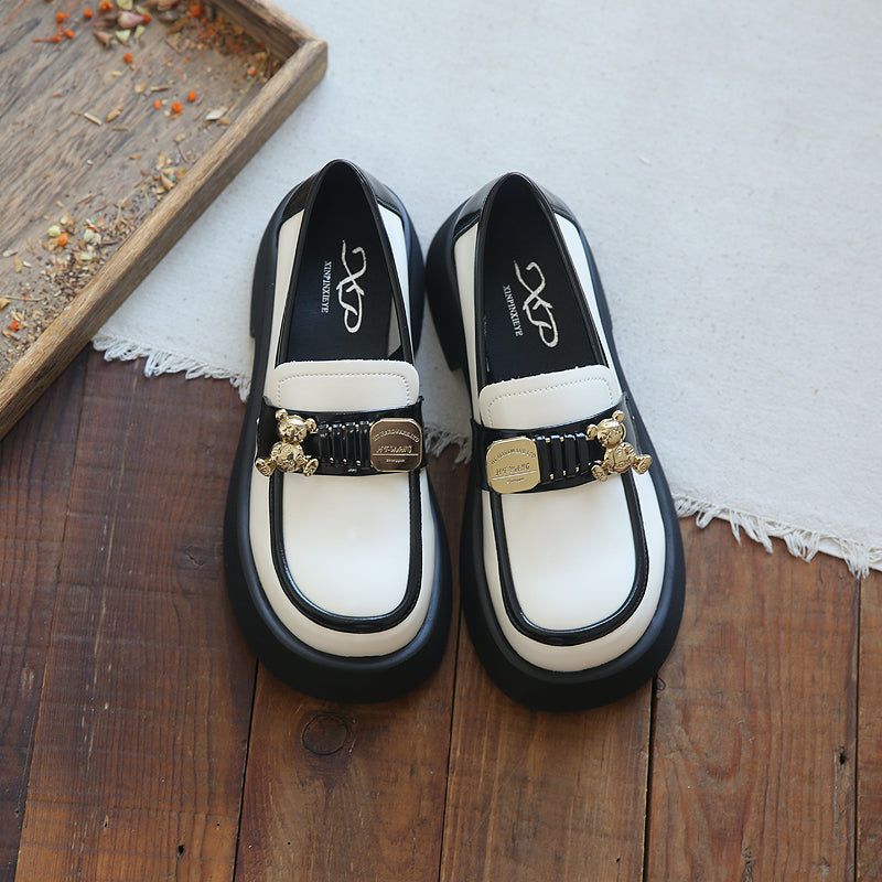 Forår Sommer Retro Koskind Rundt Hoved Fashion Bear Loafers