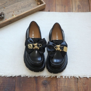 Kvinder Bowknot Casual Læder Wedge Black Loafers