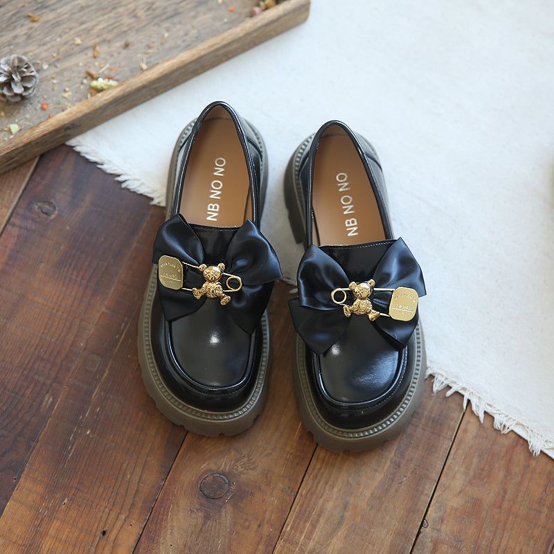 Kvinder Bowknot Casual Læder Wedge Black Loafers