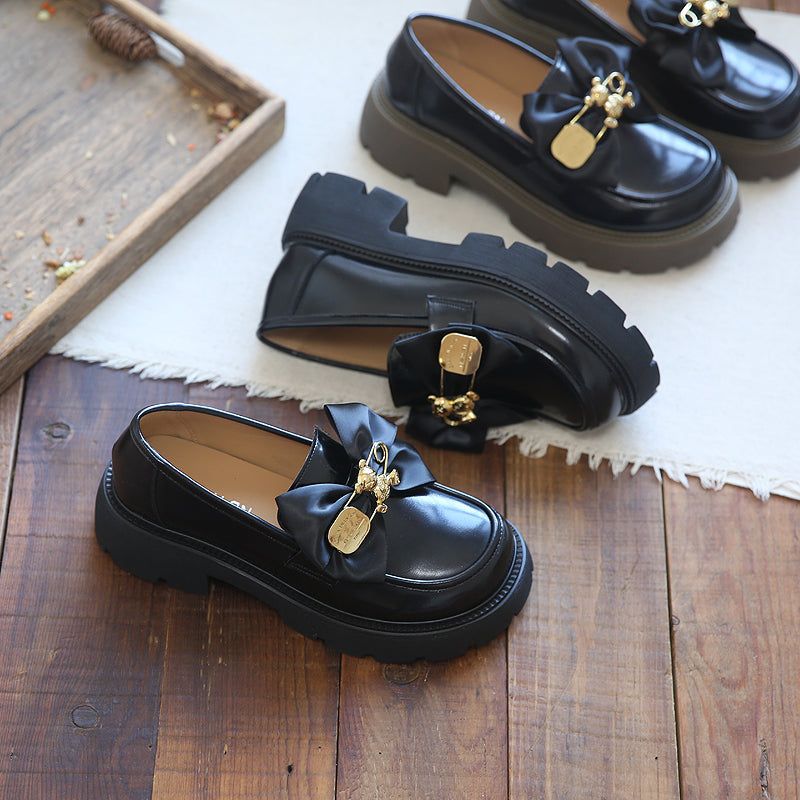 Kvinder Bowknot Casual Læder Wedge Black Loafers