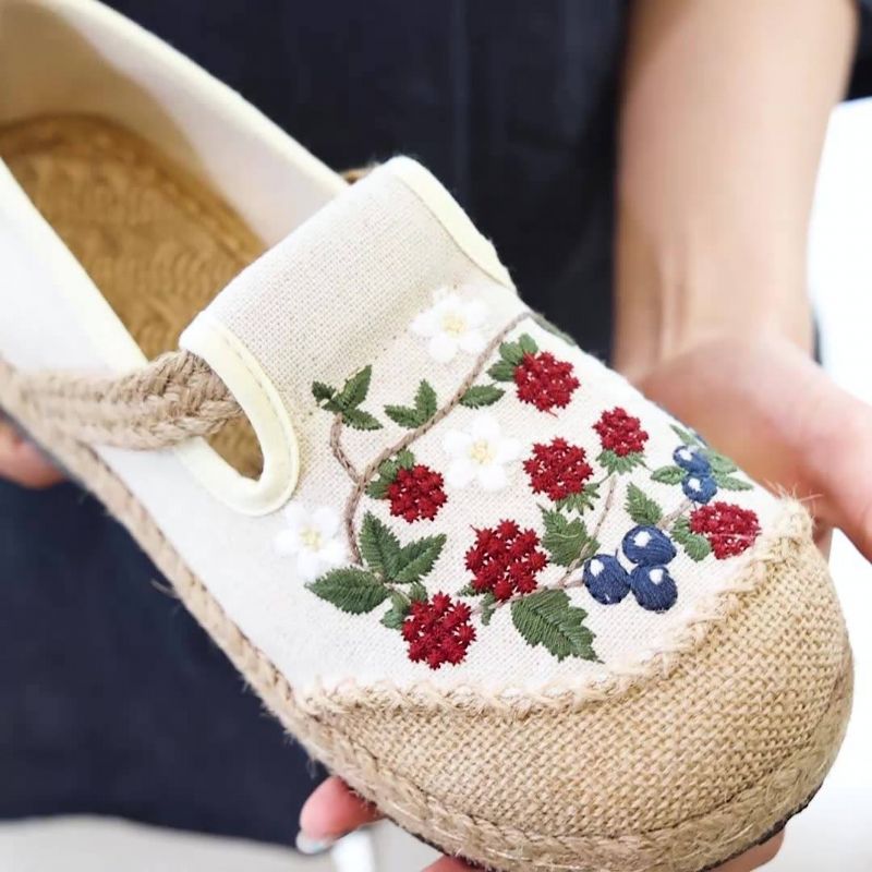 Kvinder Forår Retro Blomster Broderi Hør Fritidssko