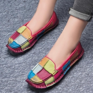 Retro Multi-color Plaid Læder Slip On Håndlavede Flade Loafers