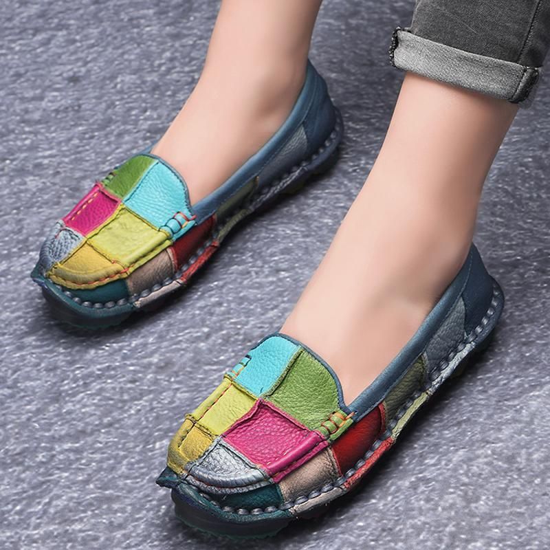 Retro Multi-color Plaid Læder Slip On Håndlavede Flade Loafers