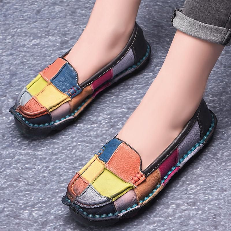 Retro Multi-color Plaid Læder Slip On Håndlavede Flade Loafers