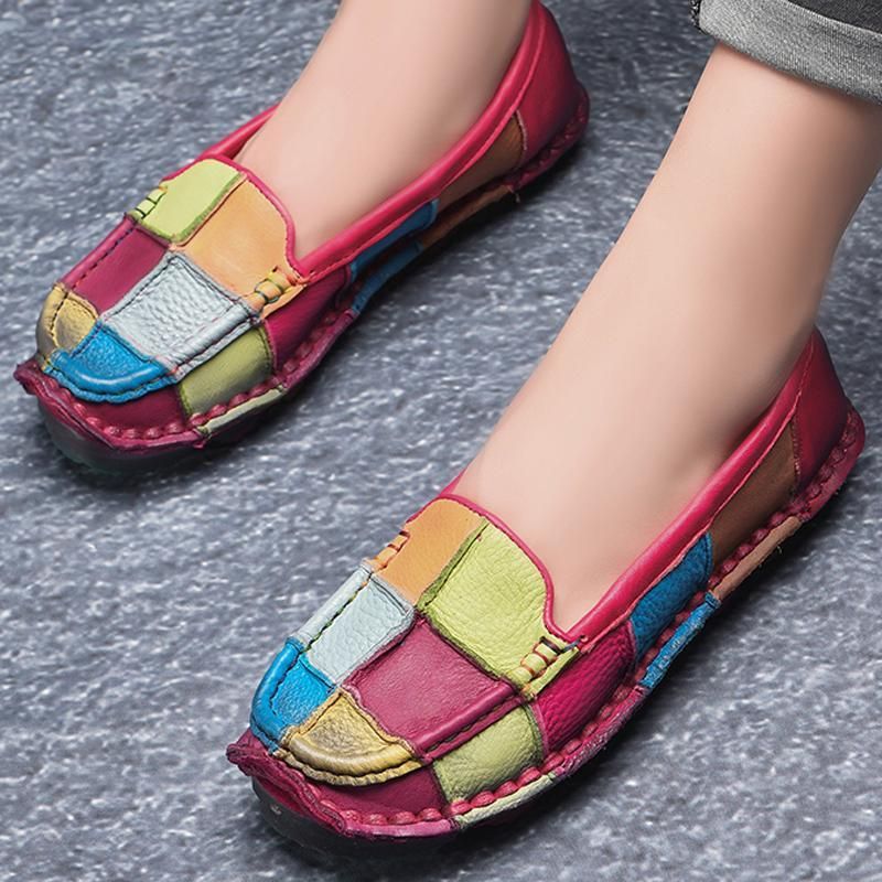 Retro Multi-color Plaid Læder Slip On Håndlavede Flade Loafers