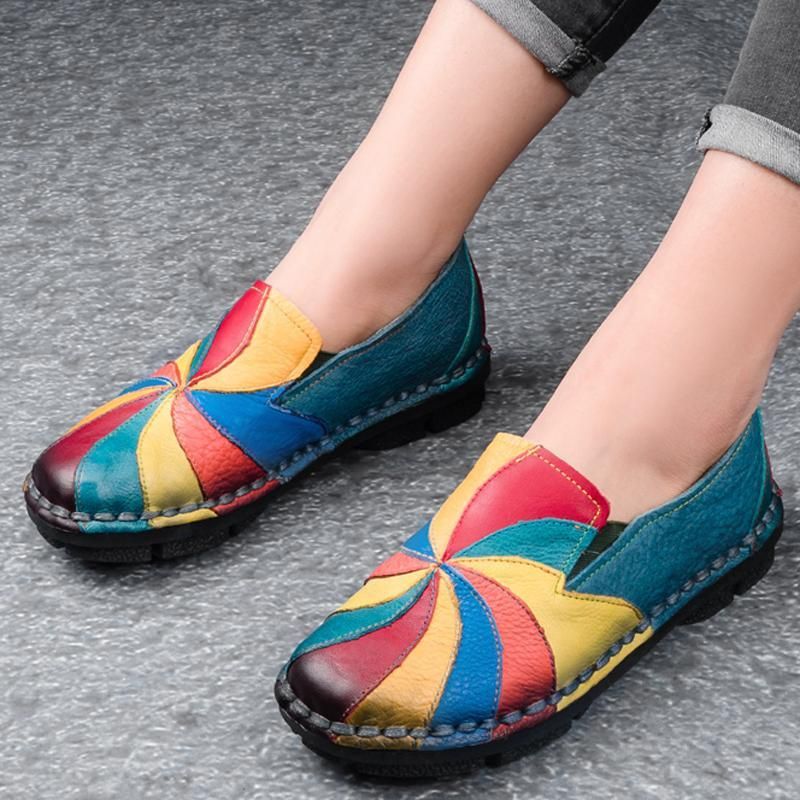 Retro Multi-color Windmill Læder Slip On Håndlavede Flade Loafers