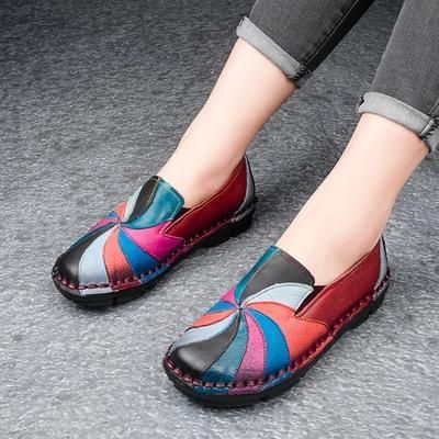 Retro Multi-color Windmill Læder Slip On Håndlavede Flade Loafers