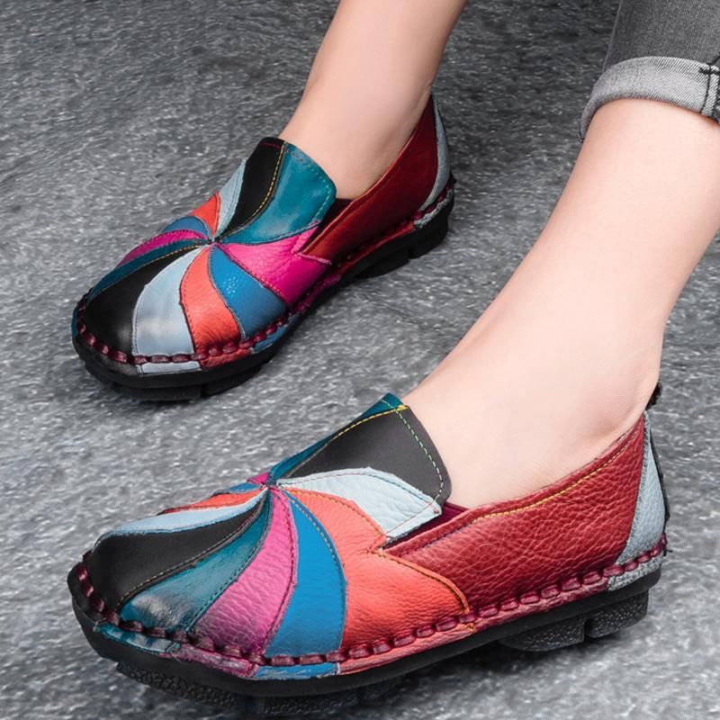 Retro Multi-color Windmill Læder Slip On Håndlavede Flade Loafers