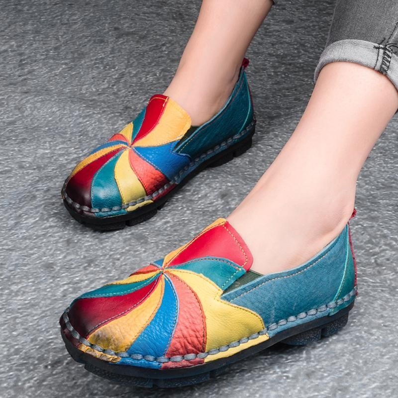 Retro Multi-color Windmill Læder Slip On Håndlavede Flade Loafers