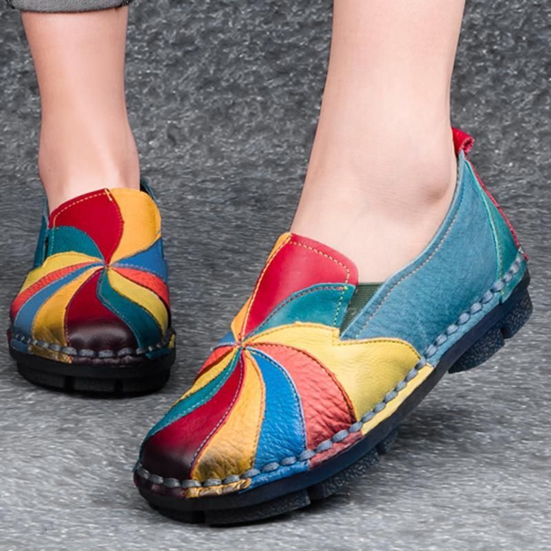 Retro Multi-color Windmill Læder Slip On Håndlavede Flade Loafers