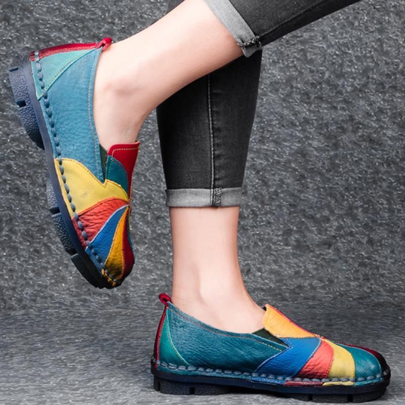 Retro Multi-color Windmill Læder Slip On Håndlavede Flade Loafers