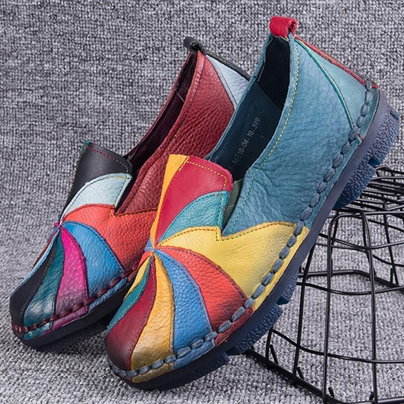 Retro Multi-color Windmill Læder Slip On Håndlavede Flade Loafers