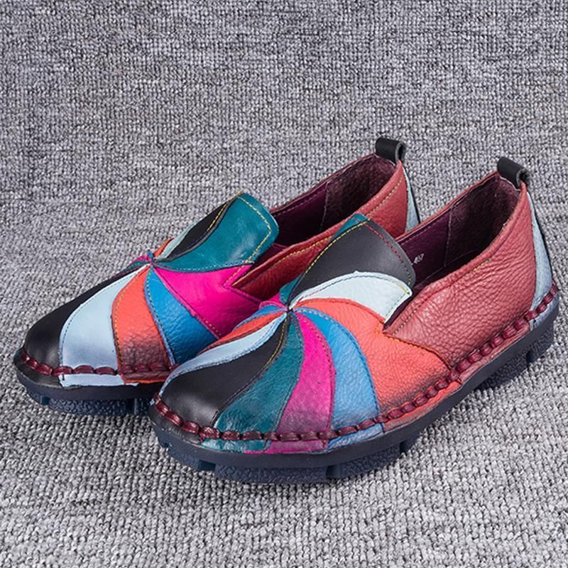 Retro Multi-color Windmill Læder Slip On Håndlavede Flade Loafers