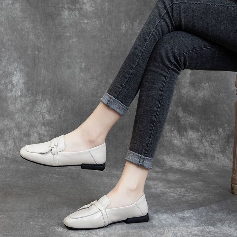 Square Toe Læder Slip-on Flats Casual Sko